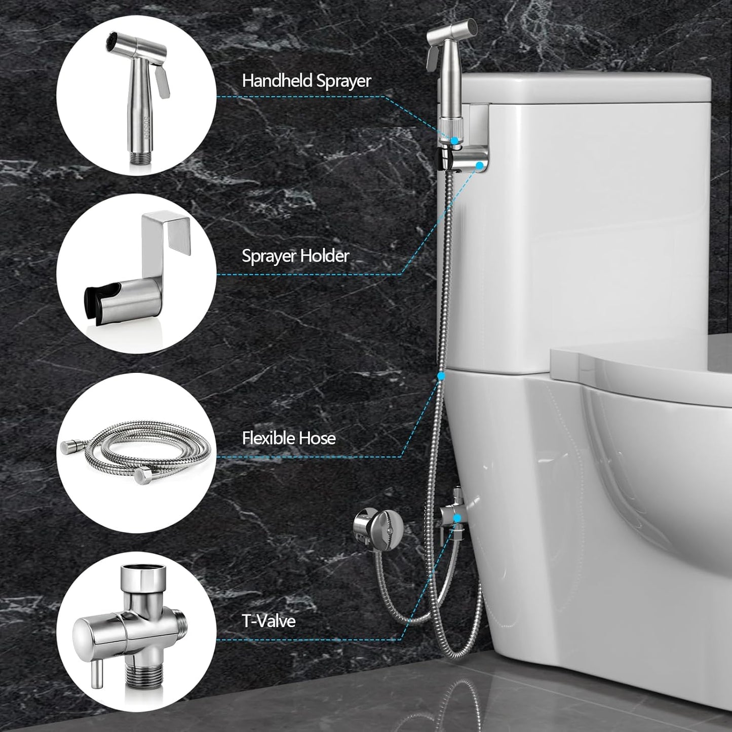 Bidet Sprayer for Toilet with Adjustable Water Pressure, Handheld Bidet Sprayer Kit- Stainless Steel(Don't Use Teflon Tape for Installation)