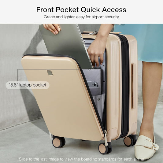 Hanke Grace Expandable Carry On Luggage with Wheels Airline Approved Hard Shell Suitcases with Front Pocket,Top Opening Luggage with TSA Lock for Short Business Travel, Cuban Sand.