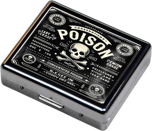 Cute and Portable Metal Pill Organizer – 8 Compartments, Elegant Chrome Finish, Ideal for Travel and Daily Use (Poison Label Retro)