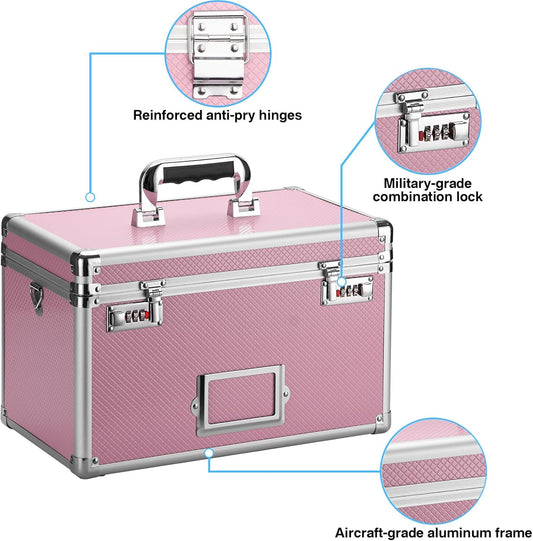 11 x 7 x 8.3 Inch Lockable Storage Box with Combination Lock, Portable Safe for Documents, Medicine, Cash & Valuables, Medicine Lock Box with Label Slot for Home, Office & Travel - Pink