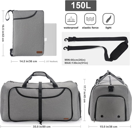 150L Duffle Bag for Travel, Extra Large Foldable Waterproof Travel Duffel Bags Weekender Overnight Bag for Men and Women with Shoe Compartment (Gray)