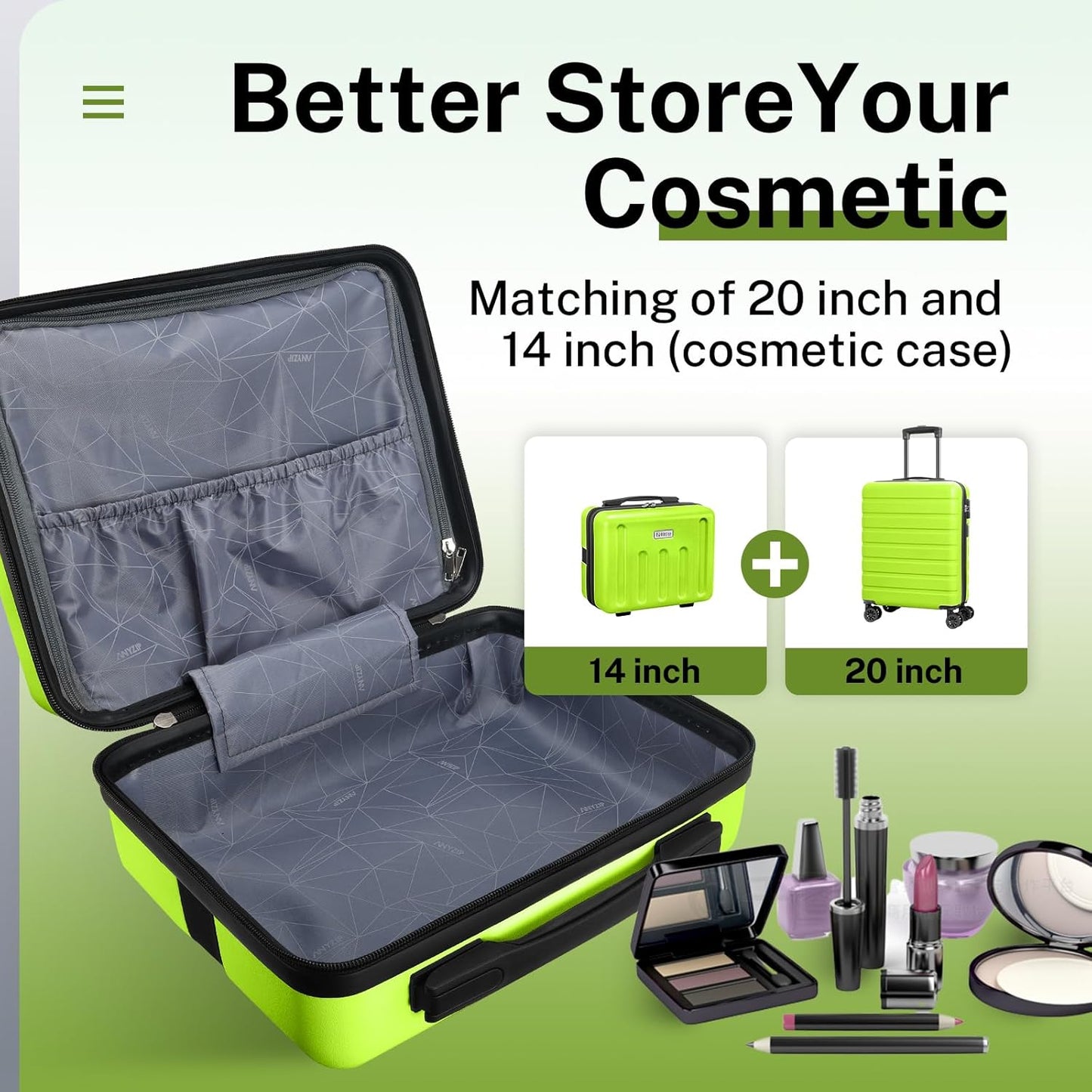 AnyZip Suitcase, 20" Carry On Luggage 14" Mini Cosmetic Cases Luggage Sets Hardside PC ABS Lightweight USB Suitcase with Wheels TSA (2 Piece Set 14/20, AppleGreen)