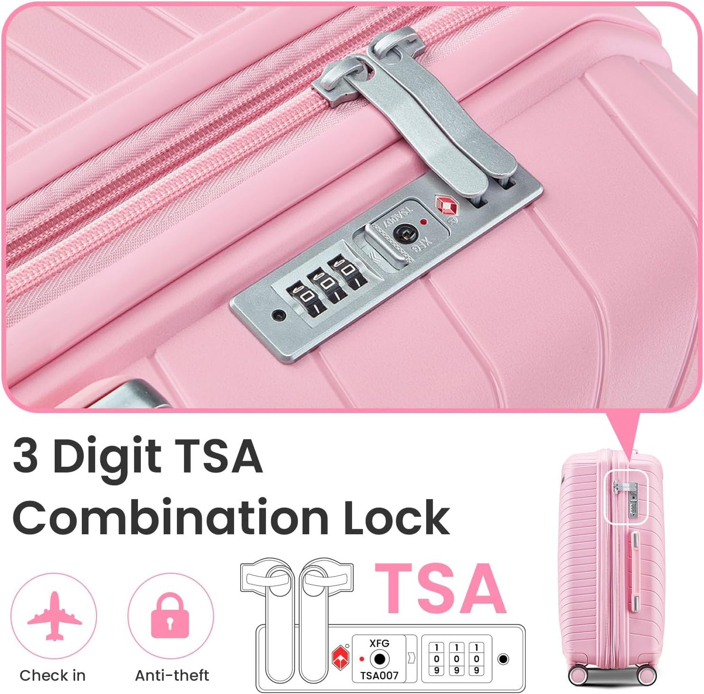 Campfun Luggage 4 Piece Sets, Expandable Carry On Luggage Set Hardshell PP, Suitcase Set with Double Spinner Wheels, Checked Durable Lightweight with TSA Lock, 14in 20in 24in 28in-Pink(B)