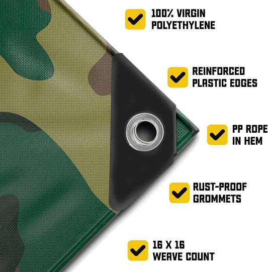 Core Tarps Extreme Heavy Duty 20 Mil Tarp Cover, Waterproof, UV Resistant, Rip and Tear Proof, Poly Tarpaulin with Reinforced Edges for Roof, Camping, Patio, Pool, Boat (Camouflage/Green 24′ X 24′)