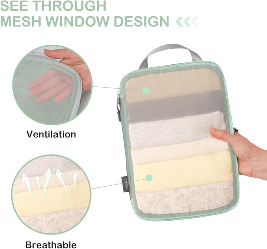 Cipway Compression Packing Cubes, See Through Mesh Luggage Organizer Bags, Travel Essentials for Carry on Suitcase with Laundry Bag and Clear Toiletries Bag(6 Pcs,Sage Green)