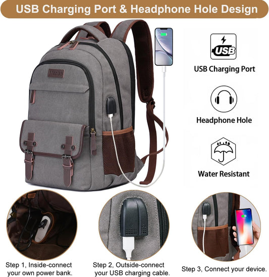 Mactso Canvas Travel Laptop Backpack for Men Women, Business Work Rucksack College School Computer Bag Fits 15.6 Inch Notebook,Bookbag with USB Charging Port (Grey, 15.6 Inch)