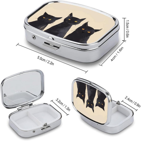 Metal 2 Compartment Pill Organizer Travel Friendly Portable Compact Pill Box Cute Pill Case to Hold Vitamins,Fish Oil,Supplements,Meds,Tablet for Purse,Pocket. (Three Cats)