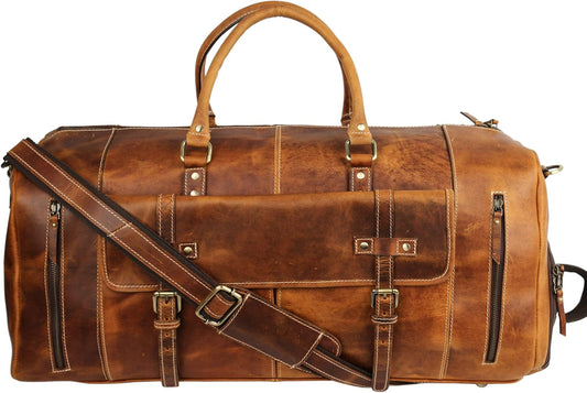 KomalC Leather Duffel Bags for Men and Women Full Grain Leather Travel Overnight Weekend Leather Bags Sports Gym Duffel for Men (Distressed Tan, 28 Inch)