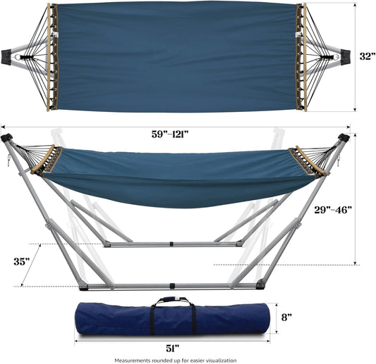 Tranquillo Ultimate Relaxation Portable Hammock Stand, Foldable Hammock Stand with Canvas Hammock, Spreader Bar, Quick Fold Unfold in 30 Seconds Steel Frame Hammock 600 lbs Capacity, White/Blue