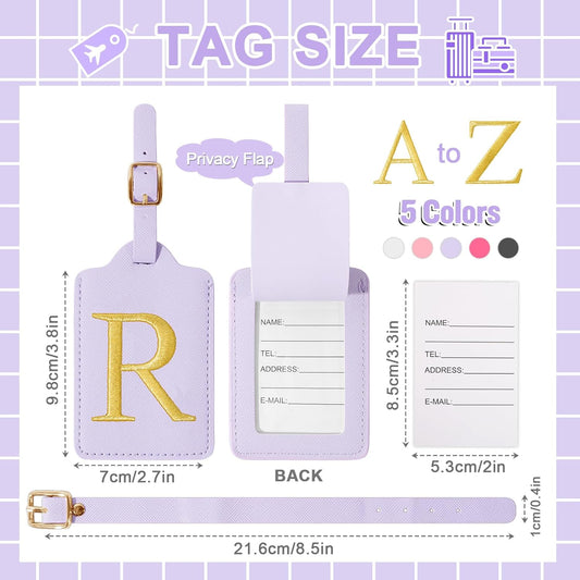 Personalized Initial Luggage Tags for Suitcase, Purple Leather Cute Luggage Tags with Privacy Cover Name Card, Embroidered Custom Monogrammed Luggage Tag Travel Backpack Tags Gifts for Women Kids(R)