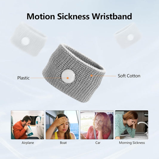 Motion Sickness Wristband, Anti-Nausea Acupressure Wrist Band for Nausea Relief, Dizziness and Vomiting from Car Sea Boat Flying Travel Sickness for Adults and Kids (Grey, Large, 2 Pairs)