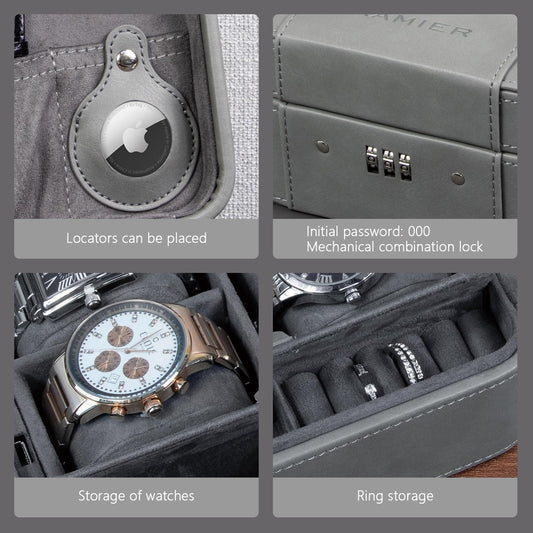 KAMIER Watch Case with Combination Lock - 4 Watch Storage and Jewelry Organizer - Watch Travel Case for Ring and Watch Storage, PU Leather Travel Watch Case, Ideal for Gift (With Gift Box), Grey