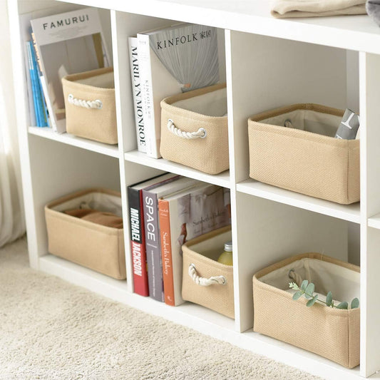 TheWarmHome Storage Basket for Organizing - Small 6 Pack 11.8x7.8x5.2 inch Fabric Storage Cubes with Cotton Rope Handle, Collapsible Storage Bins Baby Storage Toy Nursery (Beige)