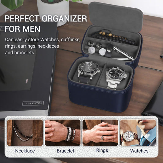 CONBOLA 2 Watch Travel Case for Men with Accessory Compartment,Compact Watch Box for Men Jewelry Case with Microsuede Interior,PU Leather Protect Fits Watches & Smartwatches Up to 55mm. (Deep Blue)