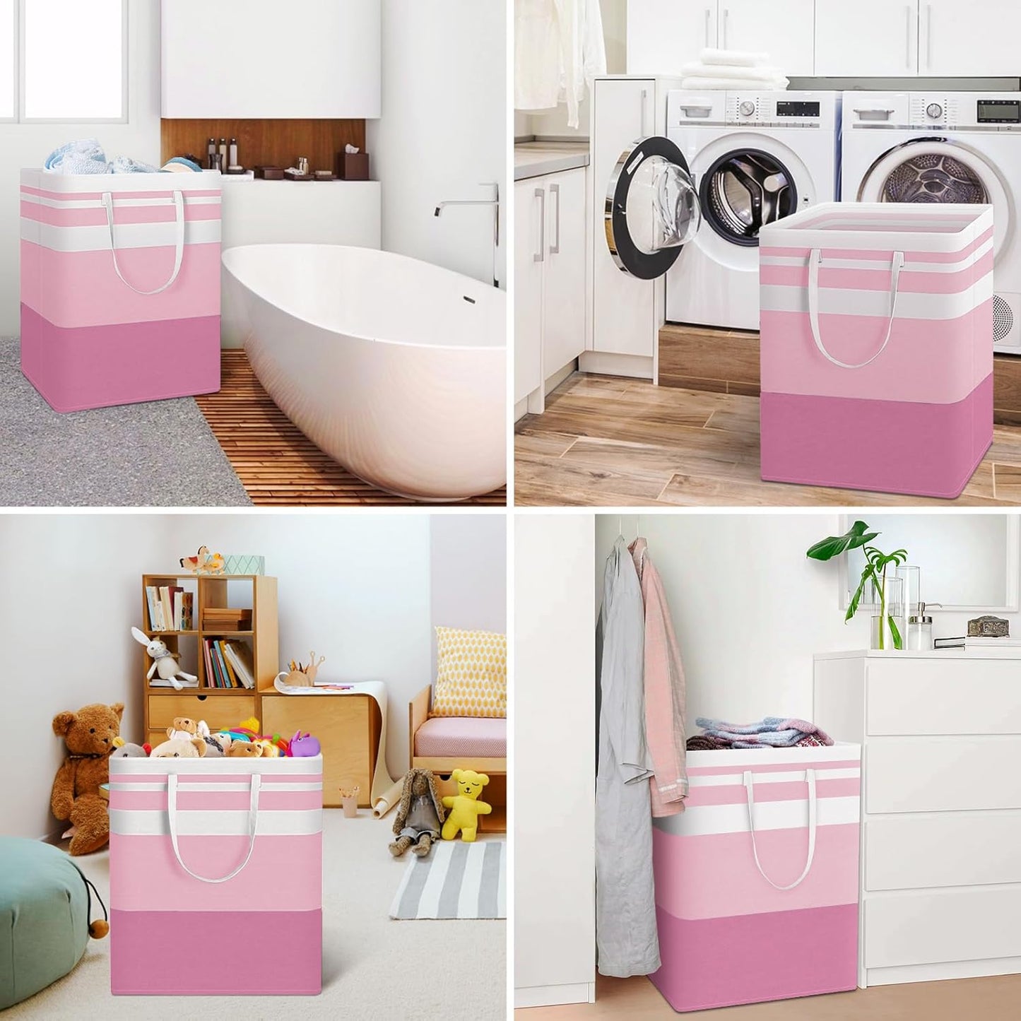 HomeHacks 2 Pack Large Laundry Baskets, Waterproof, Freestanding Laundry Hampers, Collapsible Clothes Hamper with Reinforced Handles in Laundry, College Dorm, Bathroom, Bedroom (Grey+Pink, 125Lx2)