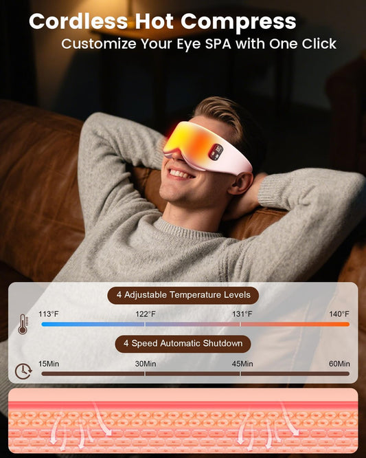 Heated Eye Mask - Cordless Eye Mask for Dry Eyes |4 Heating Levels |Timer Shutoff Functions|Washable Dry Eye Relief|1500mAh|Sleep & Travel Essential|Silk Fabric