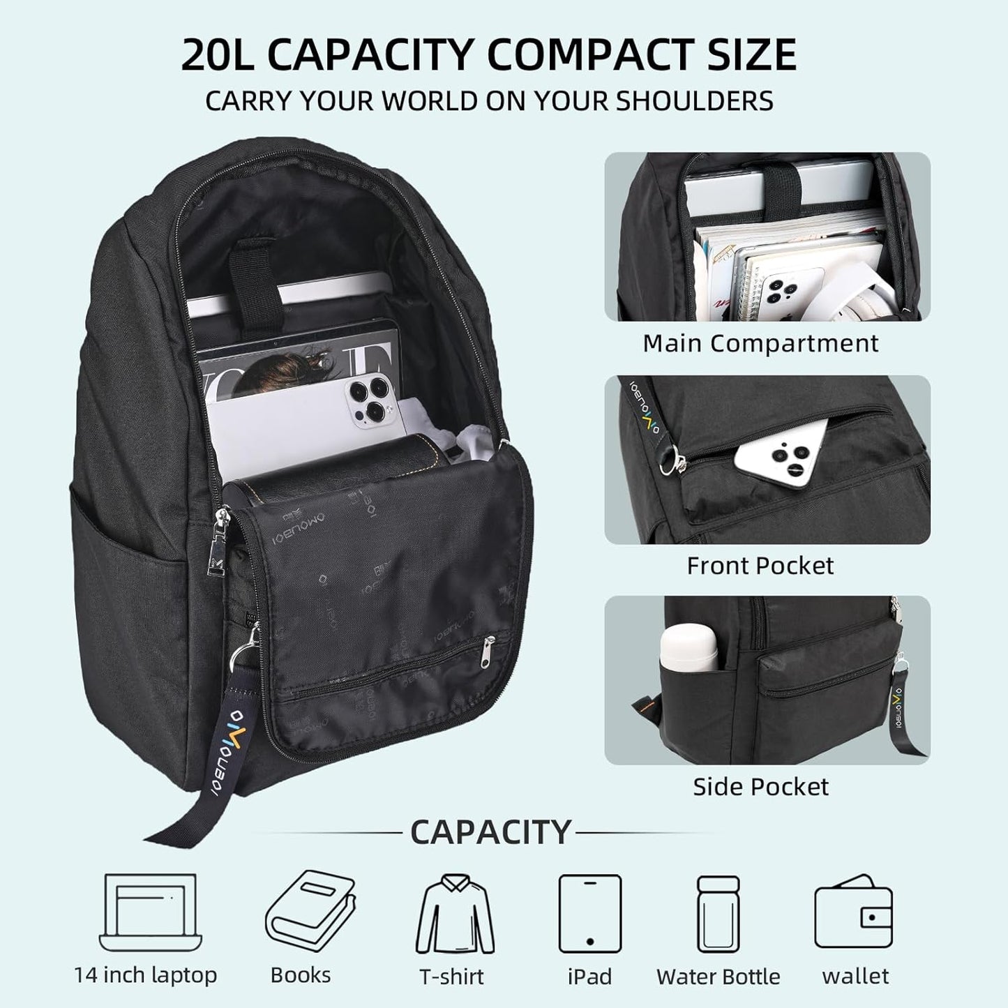 OMOUBOI Casual Daypacks Superbreak Backpack 14 inch Laptop Backpack for Women & Men Fits Tourism Business (Black)