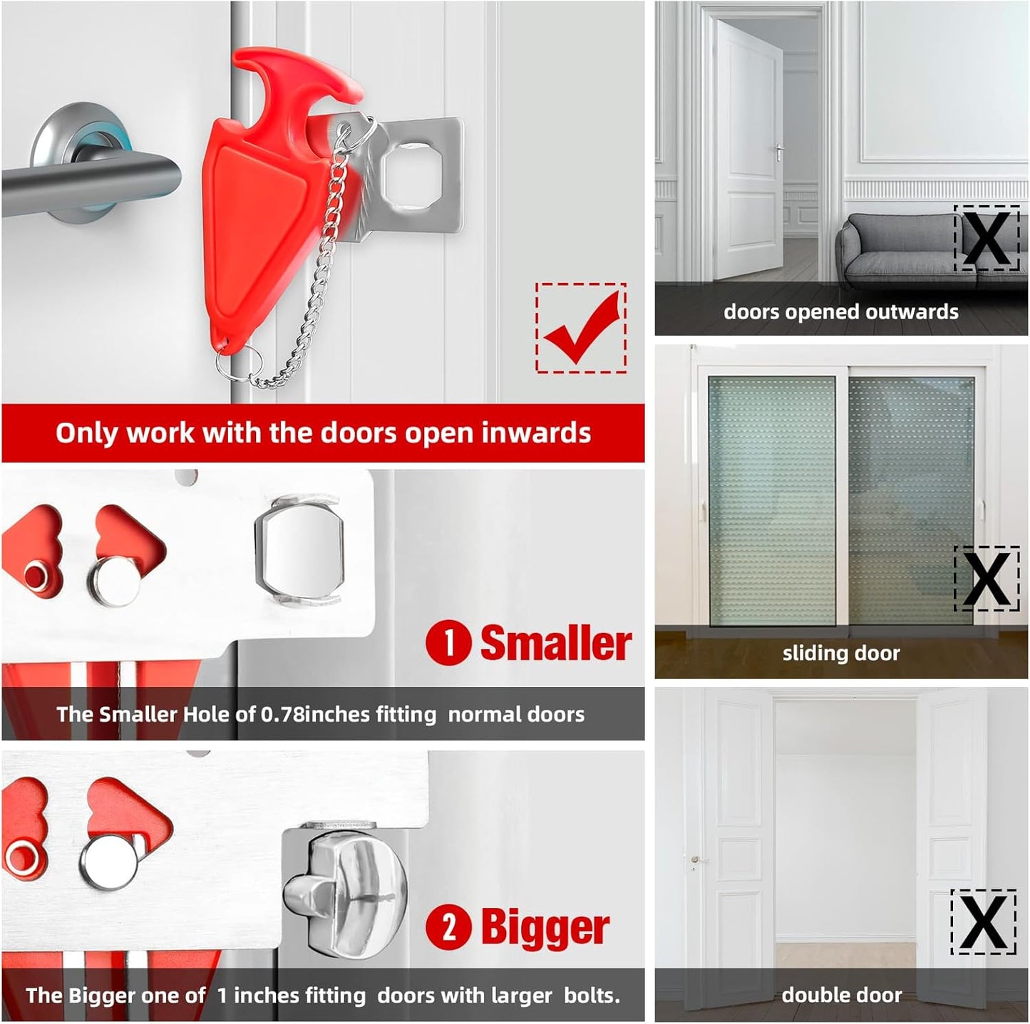 Portable Door Stop Alarm and Traveling Hotel Door Lock, No Installation Required, Provides Double Security for Home, Hotel and Traveling (1 Door Lock + 1 Door Stop)