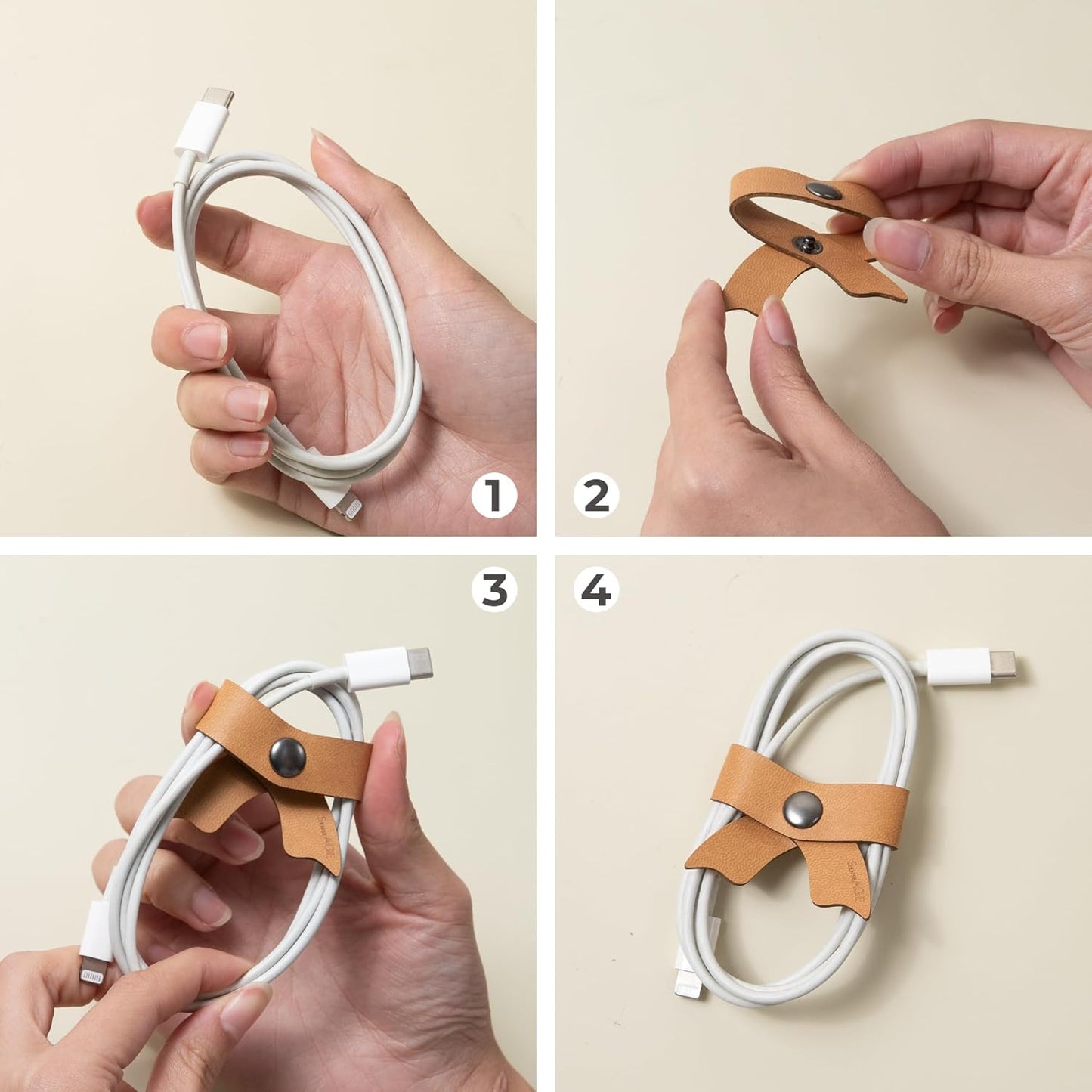 SenseAGE 5 Pack Cord Organizer, Bow Cord Keeper, Cable Organizer USB Holder, Leather Cable Management, Cable Straps, Earphone Winder, Storage Straps for Electronics, Earbuds (Moonlight Grey, Small)