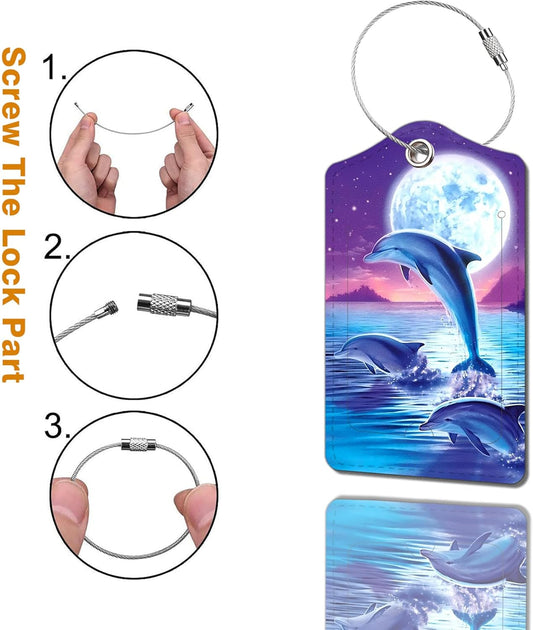 2 Pack Luggage Tag for Suitcase, Cute Unique Leather Bag Tags Identifiers Privacy Cover ID Label with Durable Steel Loop for Women Men Kids Girls Travel,DolphinA