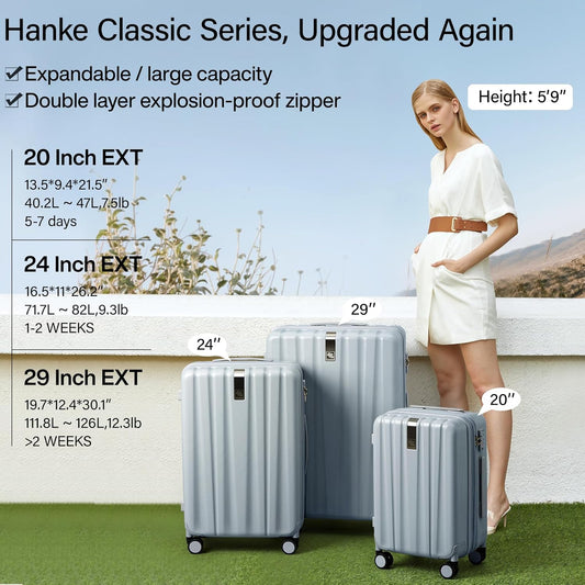 Hanke 20 Inch Expandable Carry on Luggage 22x14x9 Airline Approved Lightweight PC Hard Shell Suitcases with Wheels Travel Luggage Rolling Suitcase Travel Luggage Bag for Weekender(Gray)