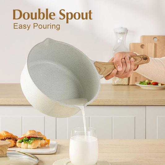 SENSARTE White Ceramic Nonstick Saucepan with Double Spout 3.0 Quarts, Cooking Pot with Stay Cool Handle, Induction Compatible Saucepot, White Granite Coating, Free of Intentionally Added PFOA/PFAS