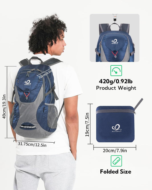 WATERFLY Lightweight Packable Hiking Backpack: 30L Foldable Travel Daypack Ultralight Camping Day Pack for Woman Man