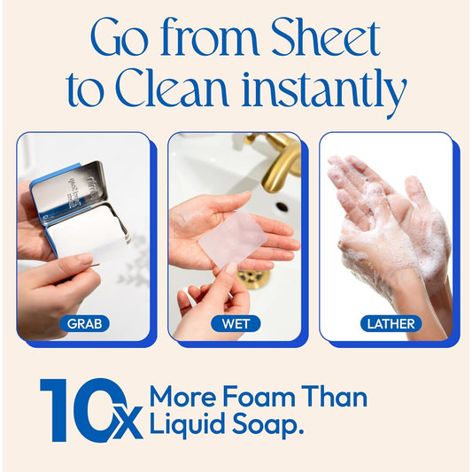FOMIN - Antibacterial Paper Soap Sheets Tin for Traveling - (300 Sheets) Variety Pack (Unscented, Lemon, Lavender) Portable Travel Hand Soap Sheets, Dissolvable Mini Camping Hand Soap for Hand Washing
