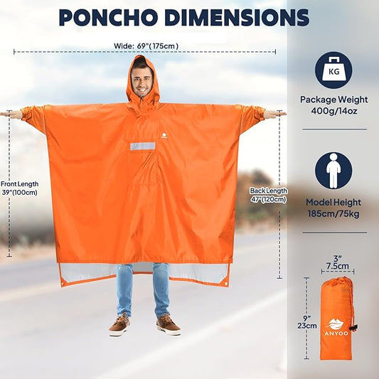 ANYOO Hooded Rain Poncho for Adults Waterproof Lightweight Rain Coat for Men Women Reusable Rain Jacket for Emergency Outdoor