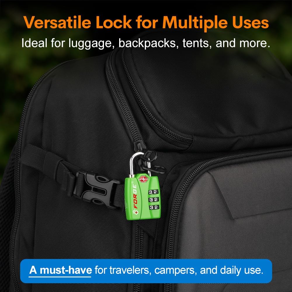 Forge TSA Luggage Combination Lock - Open Alert Indicator, Easy Read Dials, Alloy Body- Ideal for Travel, Lockers, Bags (Green 4PK)