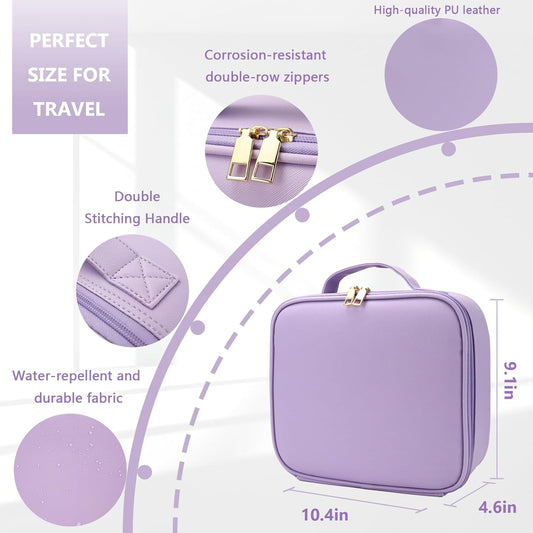 Travel Makeup Bag for Makeup Artists Large Makeup Case,with Mirror 3 Color Setting and Detachable 10x Magnifying Mirror Travel Makeup Bag,Portable Storage and Adjustable Dividers(Purple)