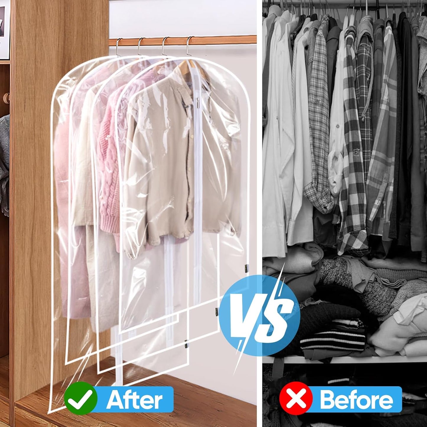 BALEINE 48'' Clear Garment Bags, 6 Packs PEVA Dress Bag for Closet Clothes Dresses Suit Coats Storage (Clear, 6PK)