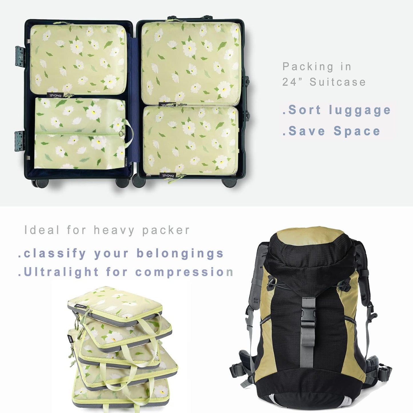 BAGAIL 6 Set Ultralight Compression Packing Cubes Packing Organizer for Travel Accessories Luggage Suitcase Backpack