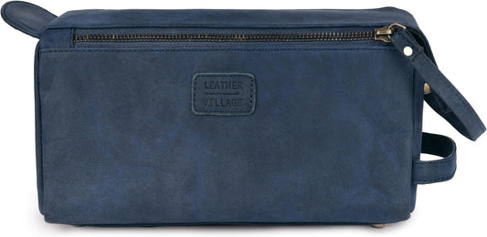 LEATHER VILLAGE Premium Leather Travel Toiletry Bag - Unisex Water-Resistant Travel Dopp Kit, Shaving & Cosmetic Organizer for Men & Women - Compact Bathroom Essentials - Royal Blue