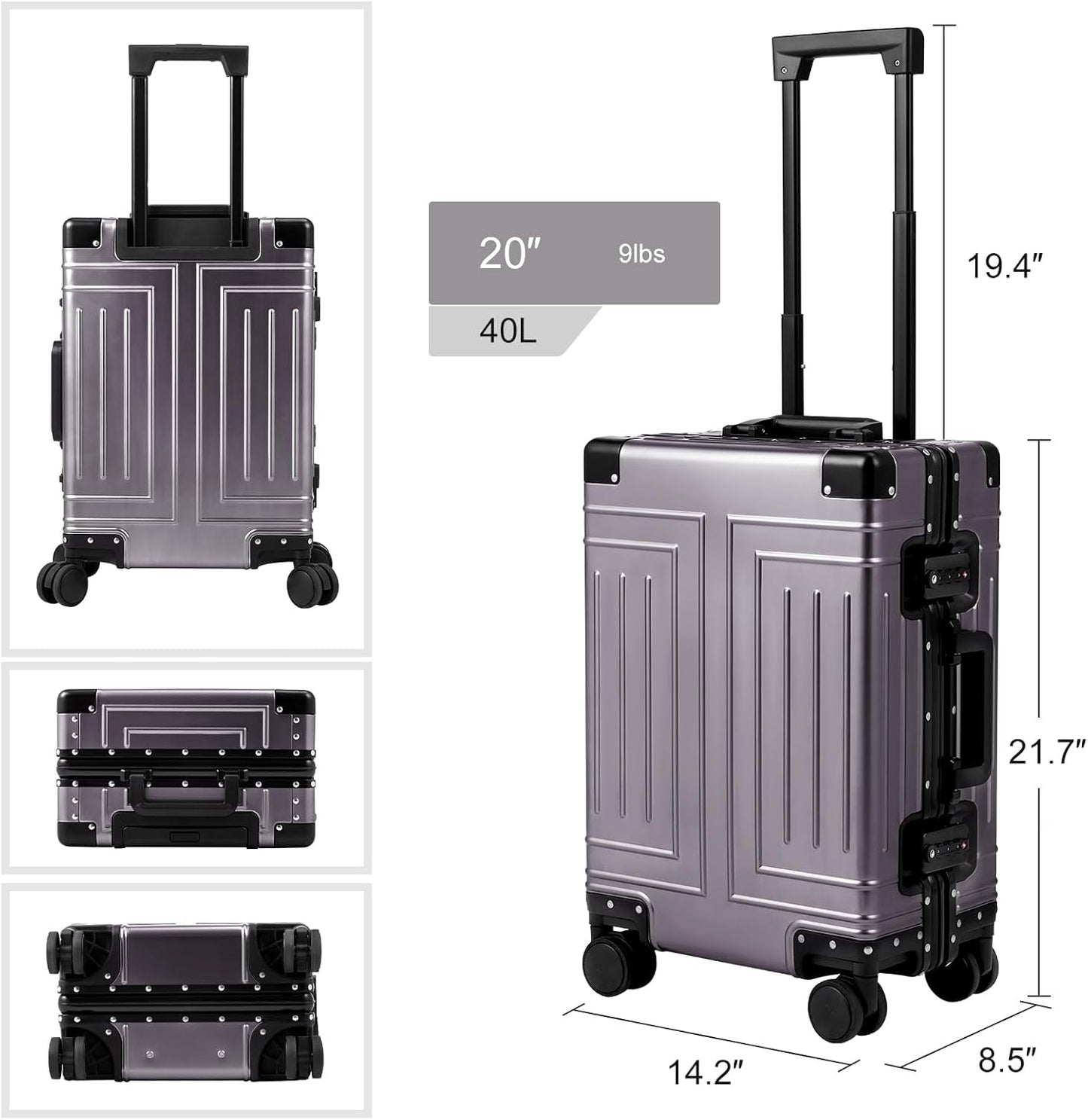 All Aluminum Magnesium Carry On Luggage,Cut from Whole Aluminum Sheet,22x14x9 Airline Approved ,(3rd Generation,Premium Magnesium Metal zipperless suitcase ) (grey, 20inch)