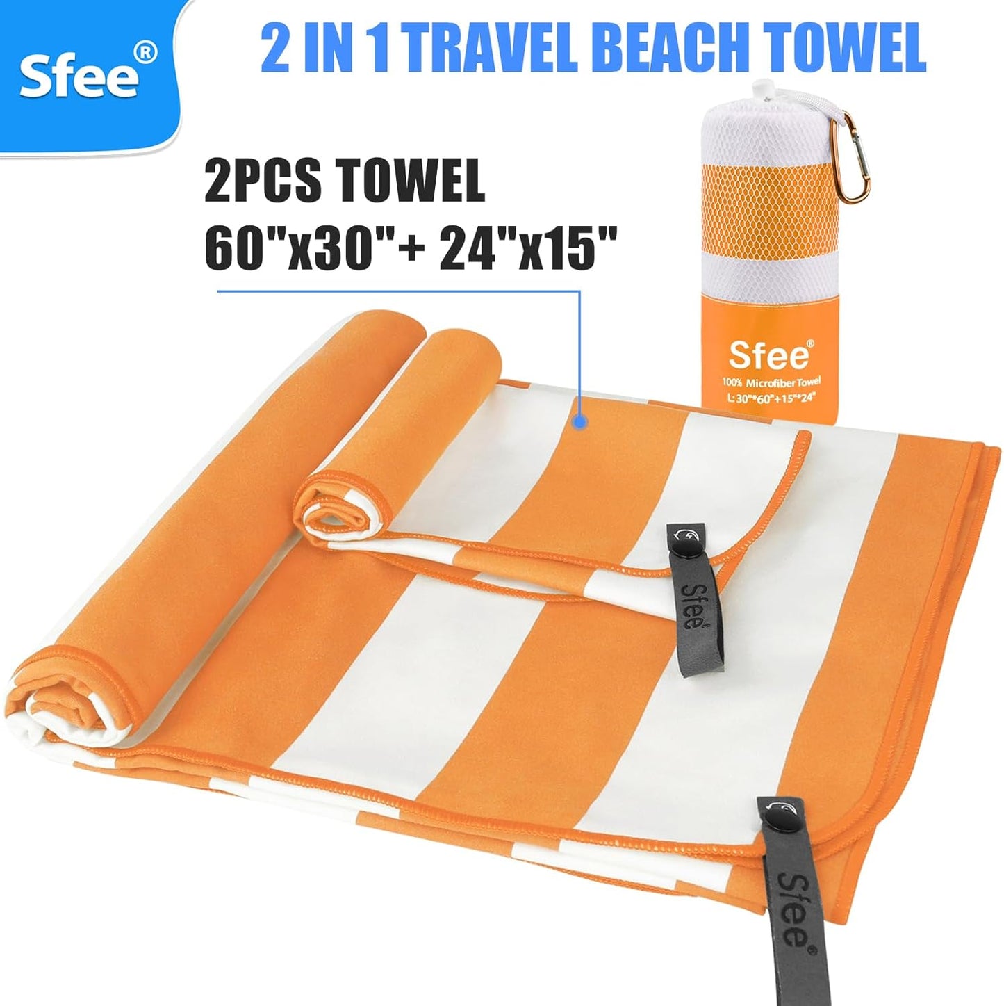 Sfee 2 in 1 Microfiber Beach Towel, Quick Dry Towel Camping Travel Towel Super Absorbent Compact Lightweight Sports Gym Towel Set for Beach, Gym, Hiking, Pool, Backpacking, Bath, Yoga