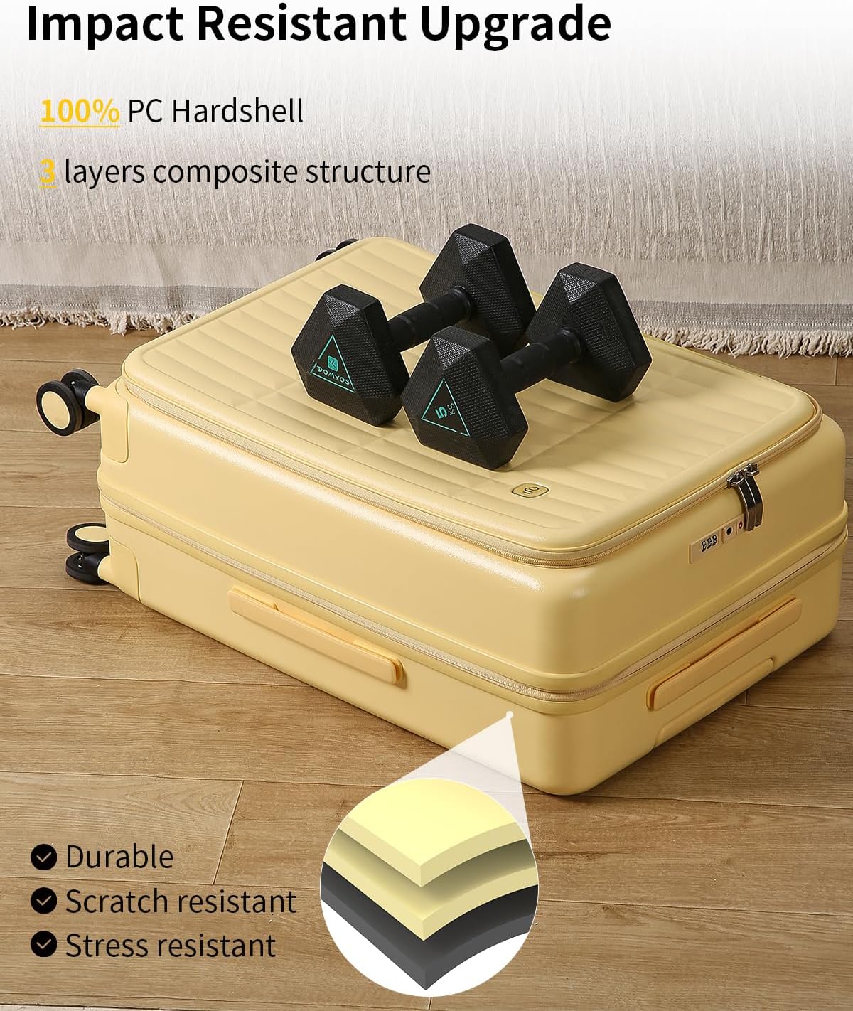 aji Expandable Top Open 26 Inch Checked Luggage with Spinner Wheels, Large Suitcase with TSA Lock, Hardside Travel Luggage Suitcases for Men Women, for 24+Days Travel, Cheese Yellow