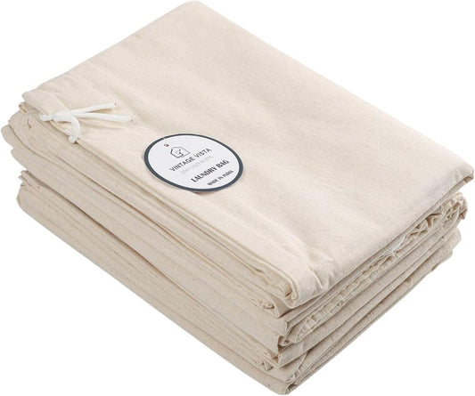 Vintage Vista 100% Cotton Laundry Bag with Drawstring Closure (Set of 4) - Reusable & Washable Travel Laundry Bags for Dirty Clothes - Canvas Drawstring Bags - Laundromat Bag Multipack (Natural Color)