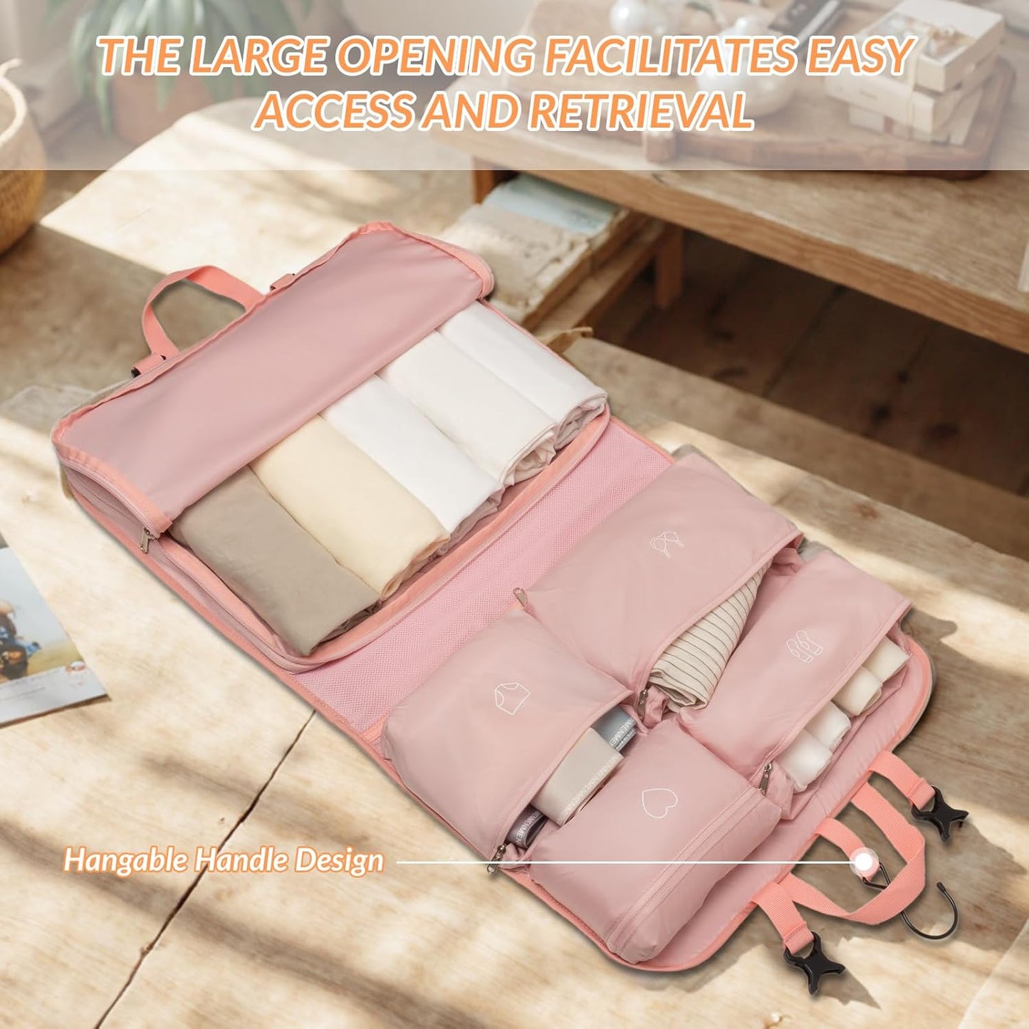 Hanging Packing Cubes,Garment Bags for Travel and Storage, Travel Apparel Bags for Men Women with 5 Solid Color Pockets, Storage Bags for Clothes, Socks,Underwear for Carry on Suitcase (Pink)