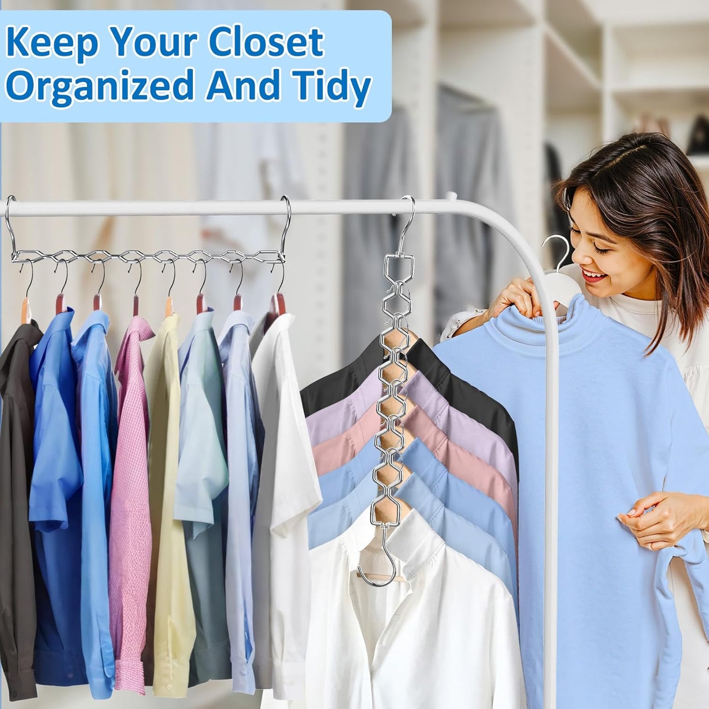 12 Pack Space Saving Hangers for Clothes, Heavy Duty 30Lbs Capacity Magic Clothes Space Saver Sturdy Metal Hanger Organizer with 360° Swivel Hook, Closet Organizers Storage Dorm Essentials Silver