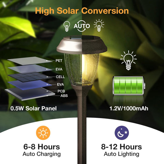 XMCOSY+ Solar Lights Outdoor 10/25 LM LED with 2 Lighting Modes, Solar Garden Lights Glass and Metal, IP65 Waterproof Solar Powered for Yard Pathway Walkway Driveway Patio (6 Pack, Warm White)