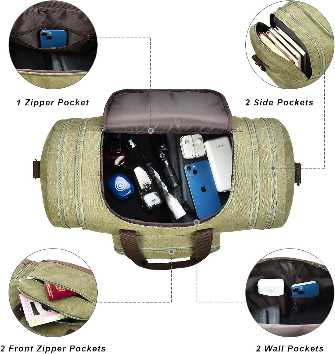 Litvyak Duffle Bag for Travel, 50L Canvas Travel Duffel Bags Overnight Weekend Gym Carry On Luggage Bag for Men & Women(Army Green)