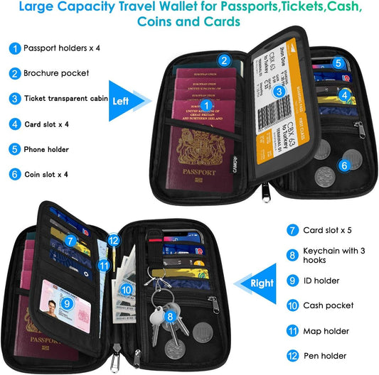 Travel Passport Wallets, Airtag Lightweight Family Passport Holder With RFID Blocking Passport Cover Case Waterproof Bag Document Organizer for Men and Women