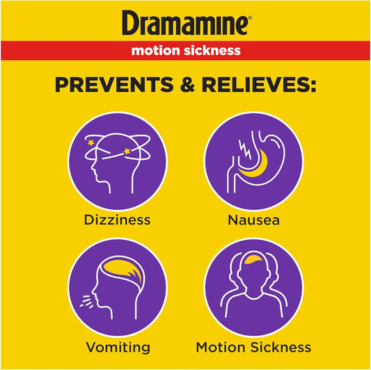 Dramamine Motion Sickness Less Drowsy, Chewables for Nausea Relief During Travel, Raspberry Cream Flavor, 12 Count