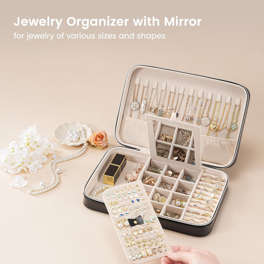 Lolalet Travel Jewelry Case for Women, Travel Jewelry Organizer Box with Mirror & Clear Storage Bag, Small Portable Traveling Earring Necklace Bracelet Ring Case, Bridesmaid Gifts -Large, Black