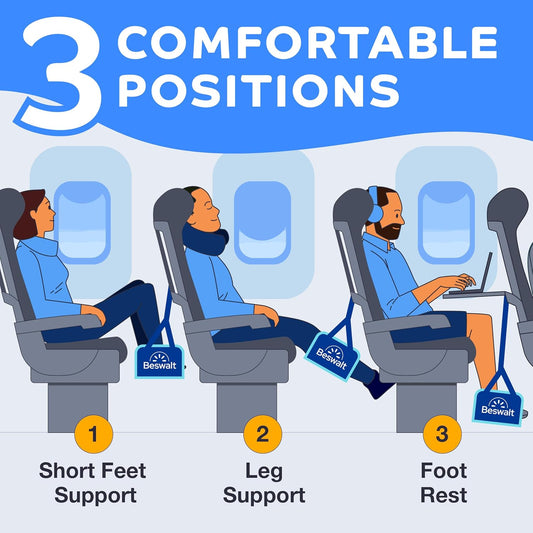 Portable Airplane Foot Hammock for Plane Travel with Memory Foam & Hardboard for No Feet or Leg Clashing - Long Flight Air Travel Essentials to Relax Feet Rest Flying Overseas by Beswalt (Navy Blue)