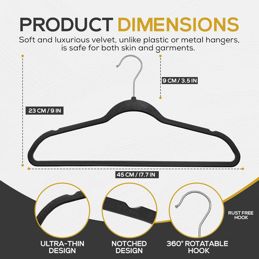 50 Pack New Premium Quality Velvet Hangers Ultra Thin Non Slip Adult Felt Space Saving Hangers for Closet Heavy Duty Coat Pants Jackets Dress Hangers 360° Swivel Hook Hold Upto 10 lbs Black