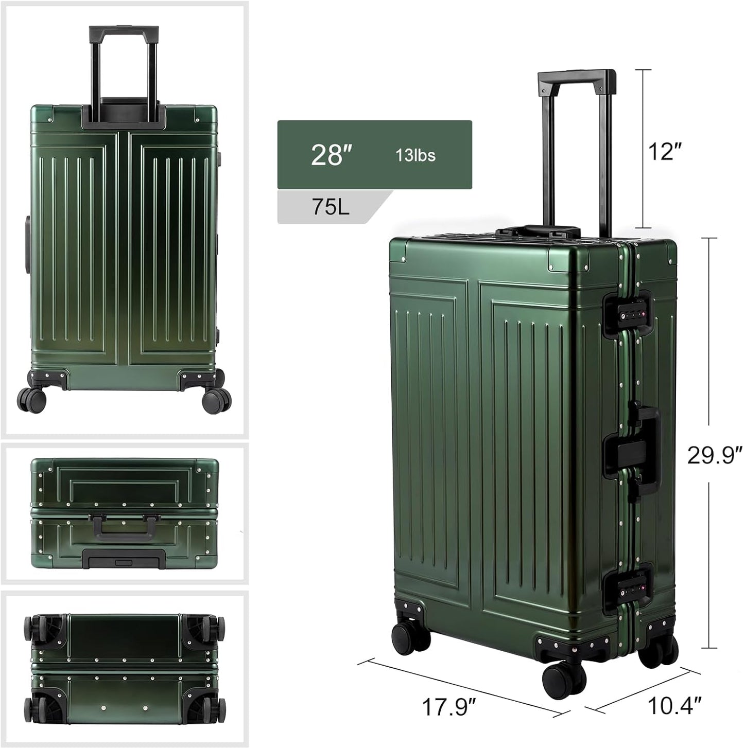 All Aluminum Magnesium Carry On Luggage,Cut from Whole Aluminum Sheet,22x14x9 Airline Approved ,(3rd Generation,Premium Magnesium Metal zipperless suitcase ) (green, 28inch)