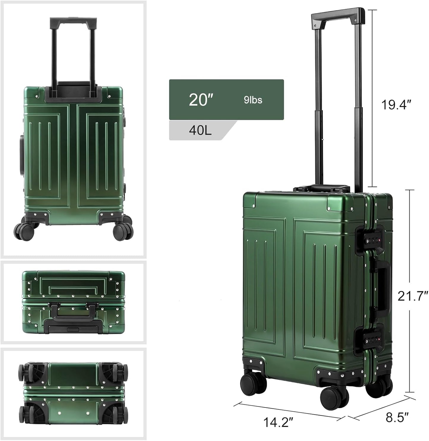 All Aluminum Carry On Luggage,Cut from Whole Aluminum Sheet,22x14x9 Airline Approved ,(3rd Generation,Premium Metal zipperless suitcase ) (green, 20inch)