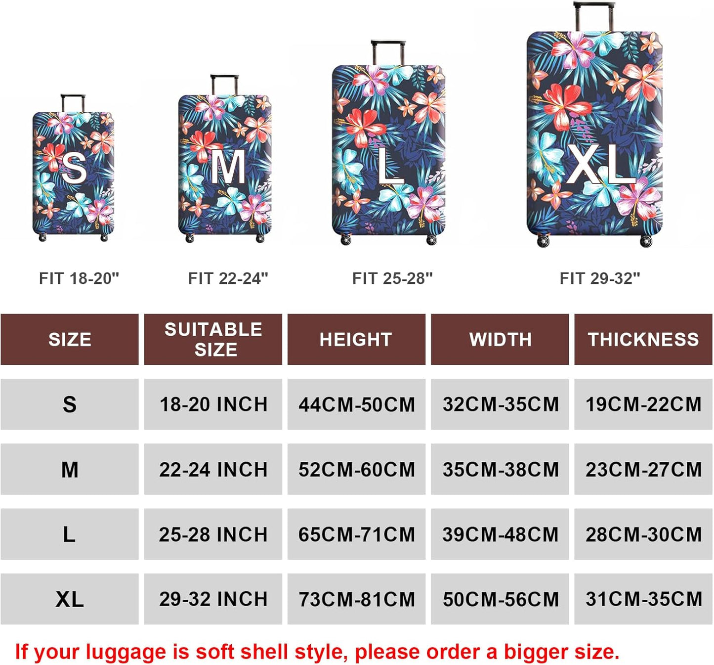 WUJIAONIAO Travel Luggage Cover Baggage Suitcase Cover Protector Skins 18-32 Inch (Flower, M (for 22-24 inch luggage))